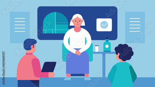 Family Support An illustration showing a family member sitting in the waiting area looking at a digital screen displaying updates about the patients progress in the MRI scan.