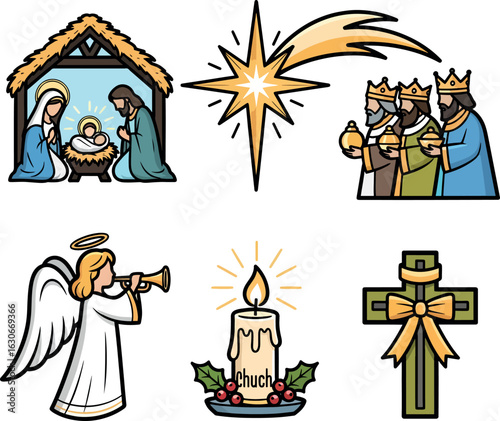 Christian Christmas Icon Set with Nativity Scene and Symbols.