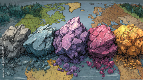 Fototapeta Naklejka Na Ścianę i Meble -  Exploring significance of rare earth elements in global politics, this illustration showcases colorful mineral deposits on world map