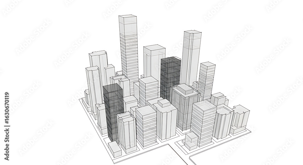 Naklejka premium Intricate architectural sketch of a fantasy city skyline with towering detailed buildings and ancient stone structures against a white background