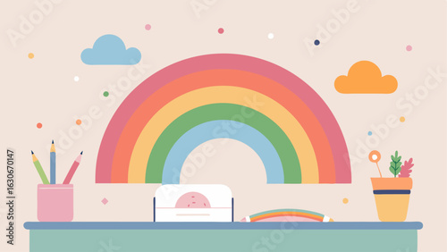 A pastel rainbow wall hanging above a white desk holding art supplies and notebooks.