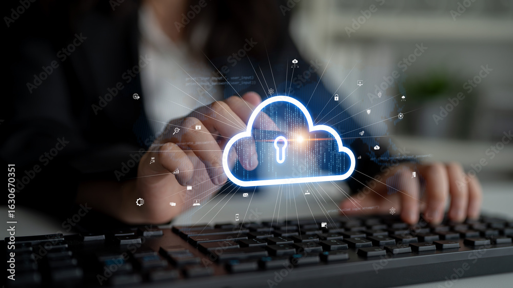 Naklejka premium Cloud computing enables digital growth with secure data storage, scalable infrastructure, and strategic cloud-based business solutions. Latch