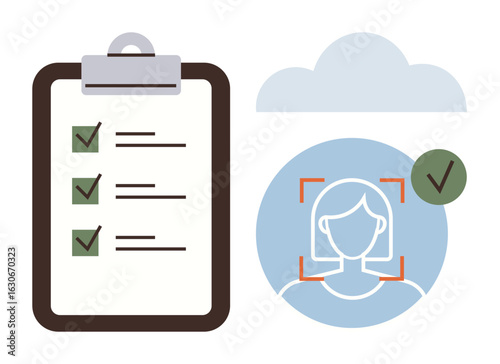 Completed checklist on clipboard alongside facial recognition process within a digital cloud context. Ideal for identity verification, task management, cloud services, security, productivity