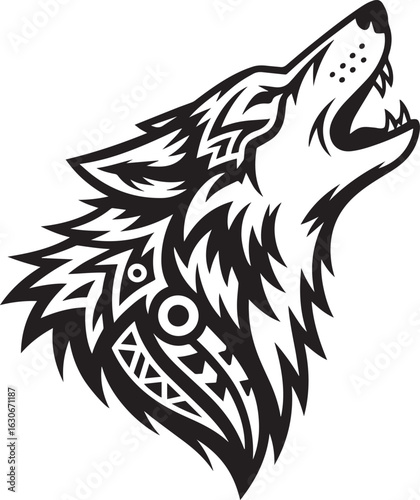 Wallpaper Mural Black tribal wolf head howling with sharp teeth and patterned fur vector Torontodigital.ca