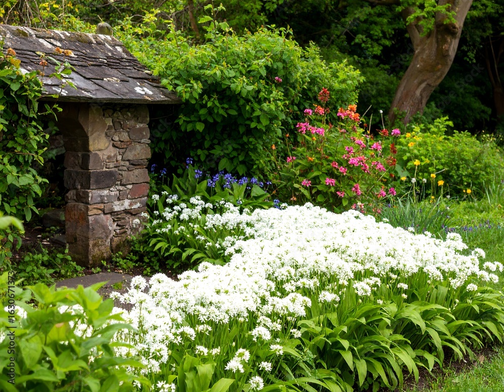 Fototapeta premium Garden with stone structure and white flowers