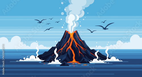 Active Volcano Erupting In The Middle Of The Sea With Birds