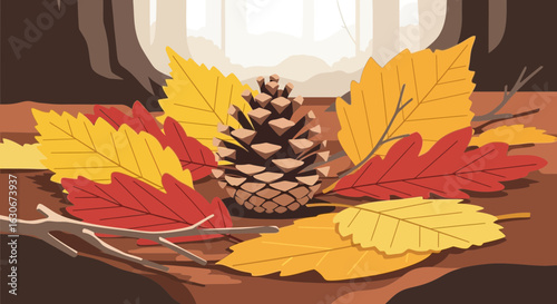 Autumnal Still Life Featuring a Pinecone And Colorful Leaves