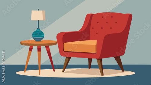 A midcentury modern armchair in a bold velvet fabric paired with a rustic wooden side table.