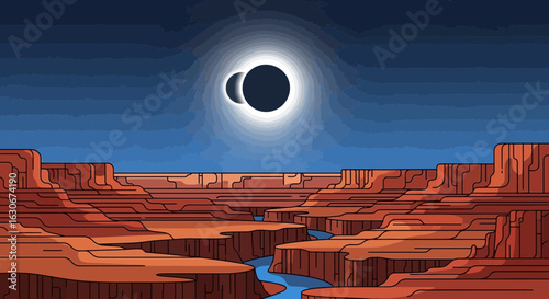 Total Solar Eclipse Over Grand Canyon Flat Design Illustration