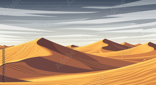 Sand Dunes Against Overcast Sky In Minimalist Style Desert Landscape