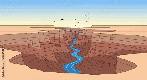 Cartoonish Grand Canyon Illustration with Blue Sky and Birds