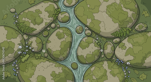 Overhead View Of Mossy Stones And A Gentle Stream Cartoon Style
