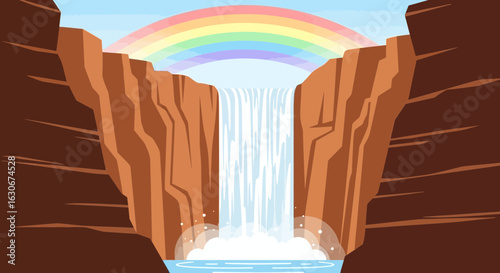 Magical Waterfall Between Cliffs With Rainbow Cartoon Illustration