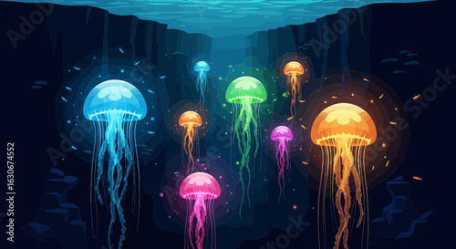 Colorful Jellyfish Glowing In Deep Ocean Cartoon Illustration
