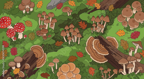 Forest Floor Pattern With Mushrooms And Autumn Leaves In Cartoon Style
