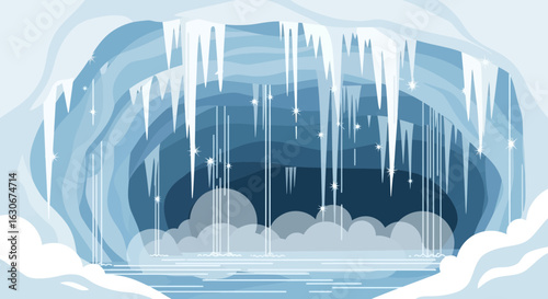 Icy Cavern With Frozen Formations And Sparkling Elements Vector Illustration