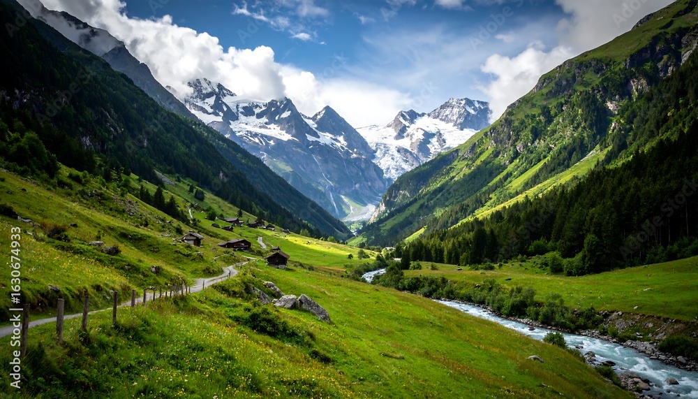 Obraz premium Alpine valley with snow-capped peaks