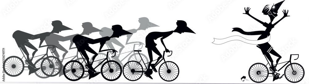 Obraz premium Cycling race. Cyclists in competition. Winner. Cyclist finishing with a winner ribbon. Black and white illustration 
