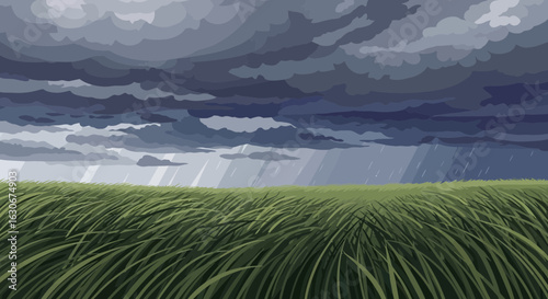 Rainy Landscape With Dramatic Sky And Grass In Field
