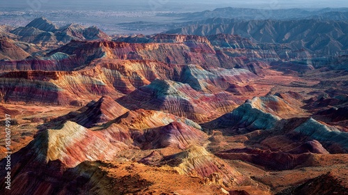   A breathtaking aerial view of a layered mountain range with vibrant rock formations and a picturesque valley in the background, featuring majestic distant mountains