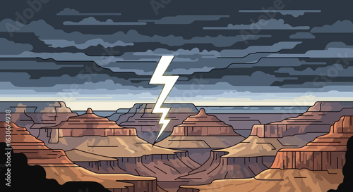 Grand Canyon Under Stormy Sky With Lightning Bold Illustration