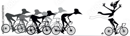 Cycling race. Cyclists in competition. 
Winner. Cyclist finishing with a winner ribbon. Black and white illustration
