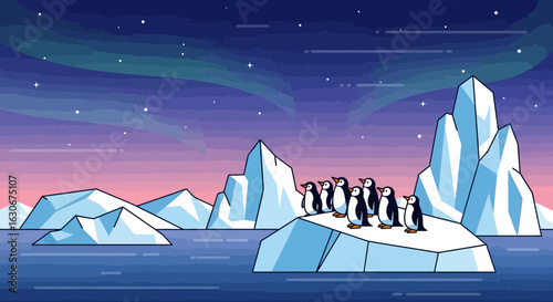 Penguins Watching Northern Lights On Iceberg In The Antarctic