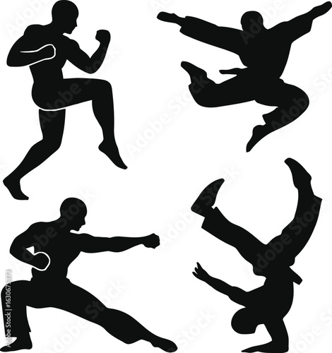 Martial Arts Silhouette Vector Set, Karate Kung Fu Fighter Action Icons