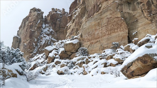   A man rides skis down a snowy slope next to a large rock formation with writing on its side