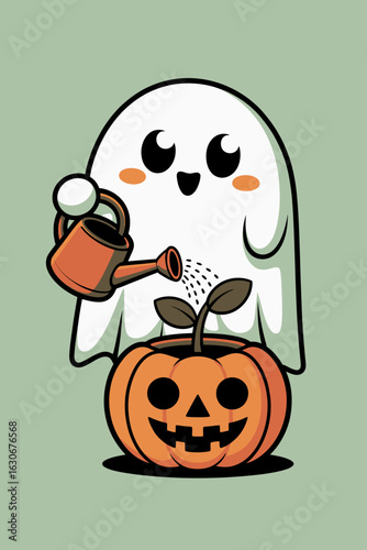 A cute ghost is happily watering a plant that is growing from a smiling jack-o'-lantern