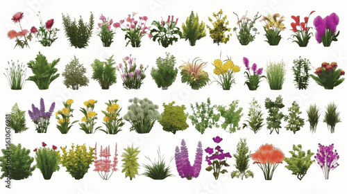 Various types of flowers grass bushes shrub on white.png
