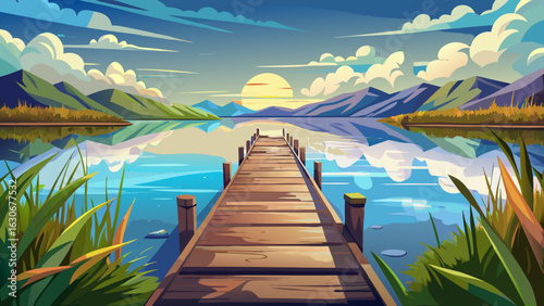 A wooden pier stretches into calm, glassy water. Reflections shimmer below drifting clouds. Grassy banks frame the peaceful lake. Sunlight sparkles gently across surface, inviting solitude, beauty, an