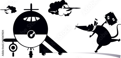 Cartoon rat or mouse in the airport. 
Scurrying rat or mouse with suitcase trying does not miss the flight. Black and white illustration
