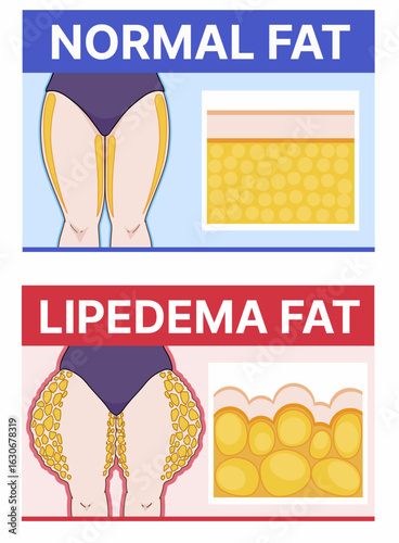 A woman's lower body. Normal fat VS lipedema fat. Medical illustration. Vector illustration. 