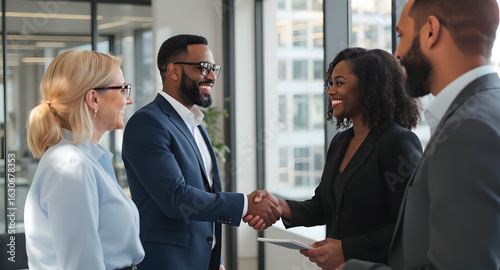 Diverse group of business professionals in a modern office environment shaking hands and smiling warmly