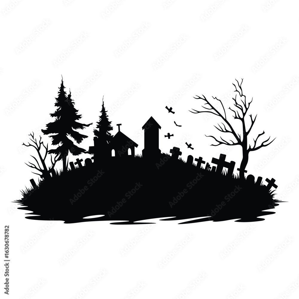 Fototapeta premium Vector art of spooky halloween cemetery silhouette with trees and tombstones