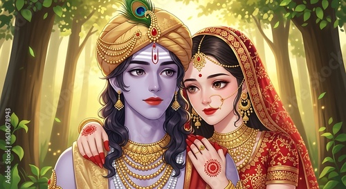 Devotional Embrace of Radha Krishna in Enchanting Forest Setting