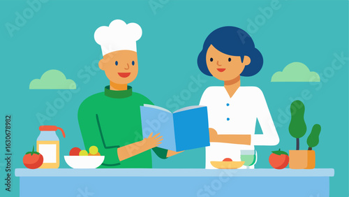 Cooking Together A kitchen scene where a nutritionist and an enthusiastic patient are preparing a healthy meal together with fresh ingredients and a recipe book open on the