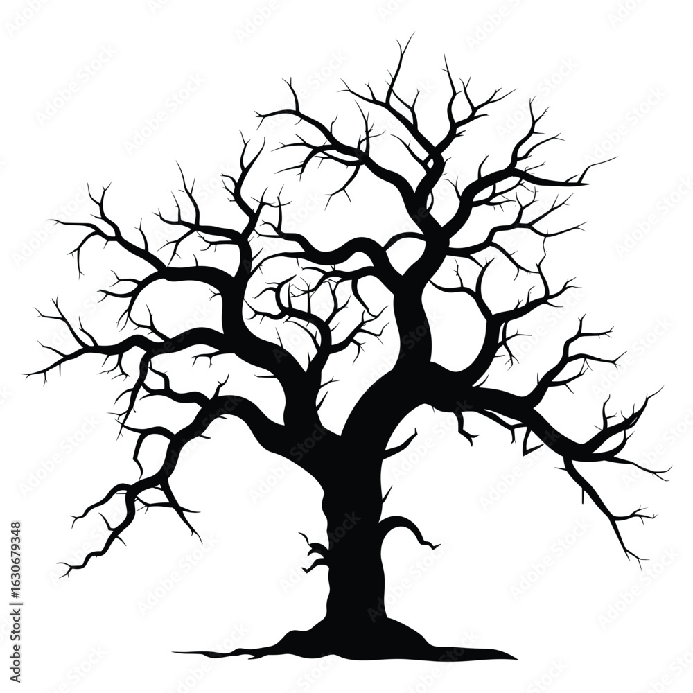 Obraz premium Vector art of silhouette of a bare, gnarled tree isolated on white background
