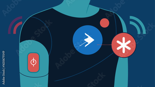 Bluetooth Patch on Arm A closeup of a Bluetoothenabled patch adhered to the upper arm glowing with lights to indicate current hormone levels. Surrounding graphics display arrows