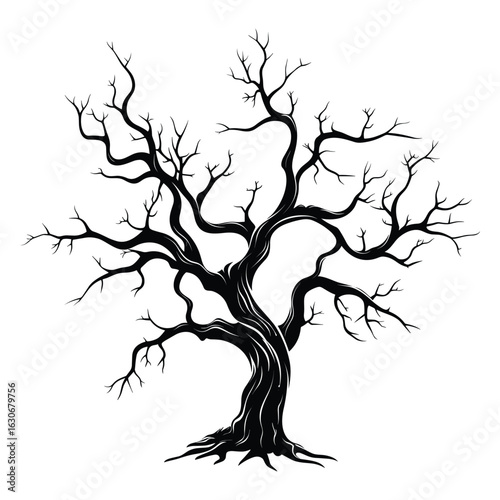 Vector art of a gnarled and twisted bare tree silhouette isolated on white