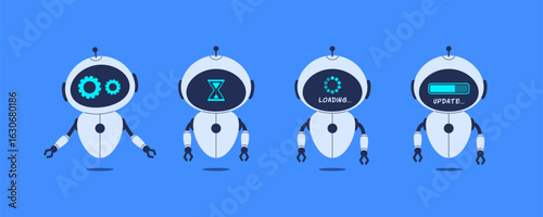 Set of Robots for AI process, chatbot delay, system update. Vector illustration symbolizing waiting, loading, settings