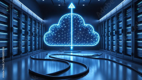 Technology in a network server room powers the digital communication and cloud computing concept