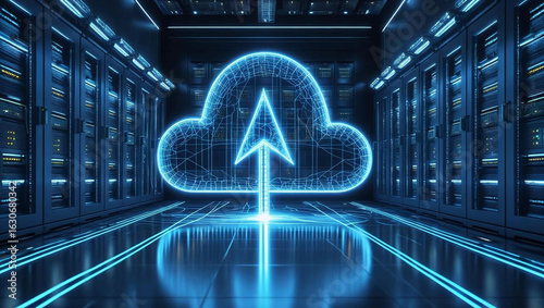 Abstract blue technology background with digital data center or futuristic server room 
