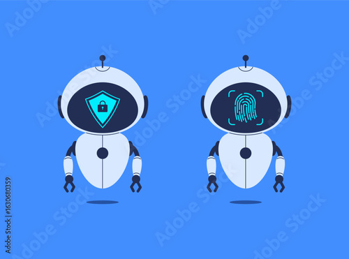 Robots presenting fingerprint and shield with lock icon for data protection. Vector illustration for cybersecurity, online privacy, secure AI systems