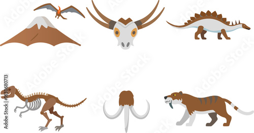 Flat vector mountain and farm animal icons with goat llama yak sheep donkey and cow
