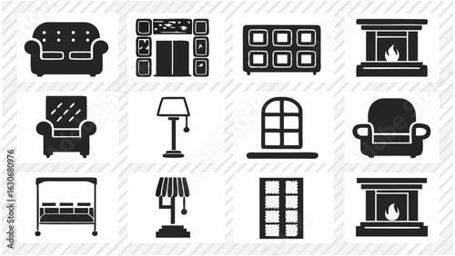 Collection of furniture and interior design elements in black and white illustration style design | editable eps vectors silhouette