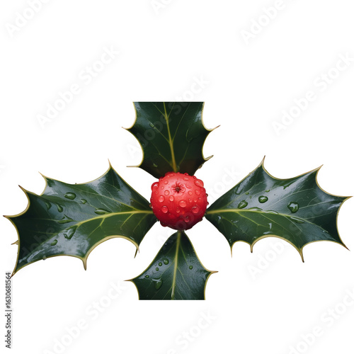 Wet holly berry with leaves, festive Christmas decoration element