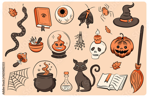 Witch magic icons set attributes broom, glass ball, cauldron, snake, hat, potion, cat. Halloween illustrations. Set of design elements for greeting card, banner, poster in orange and grey colors.