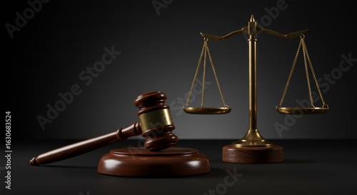 Symbol of justice and law with a judge's wooden gavel and brass scales on a dark background. Legal concept for courtroom and auction.